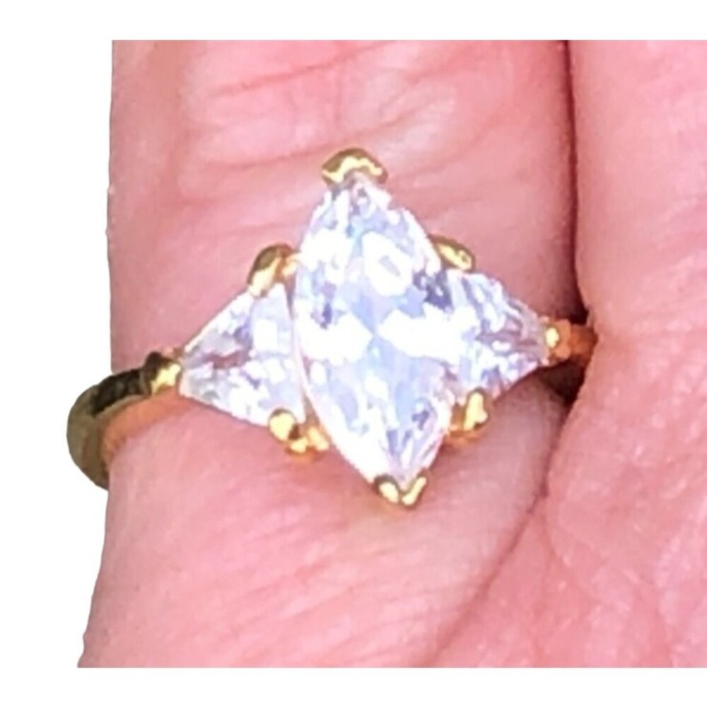 Lind 14k Yellow Gold Heavy Electroplate Ring with Clear Marquise and Triangular